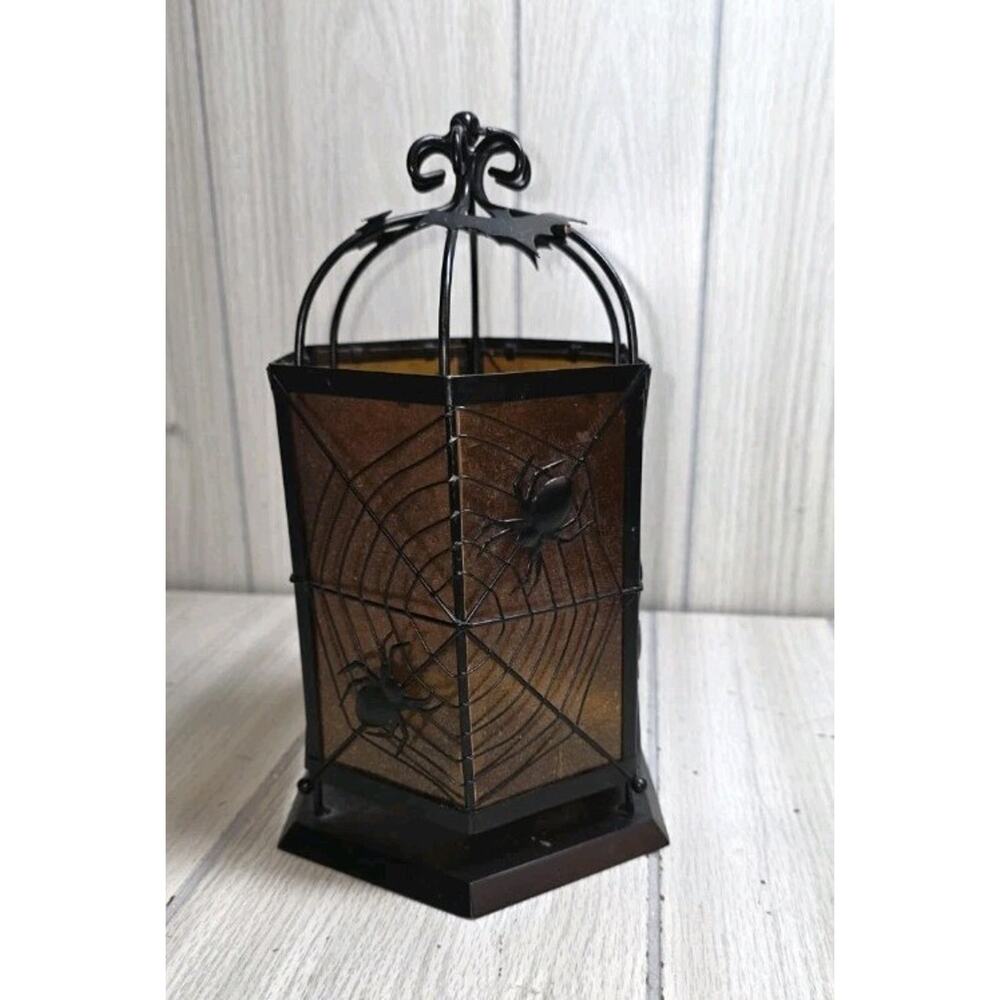 Vtg Halloween Lantern Votive Candle Holder Metal Spider Web Bats Orange Black